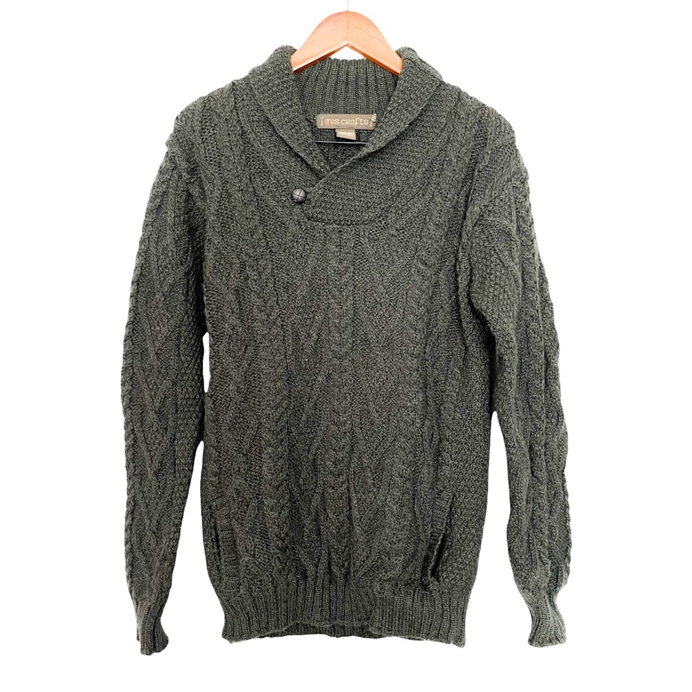 Inis Crafts Merino Wool Green Cable Knit Shawl Collar Pullover Sweater Men’s M